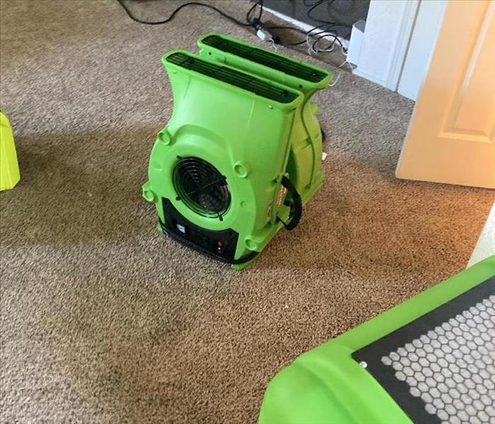 Green air movers on carpets.
